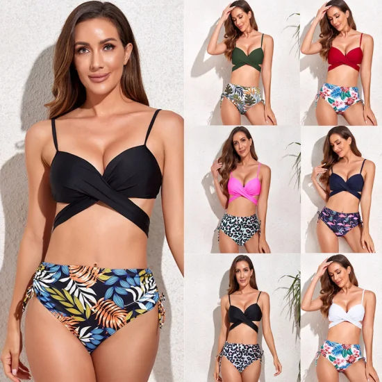 Nuova vendita calda Nero Halter Top Bikini Costumi da bagno Due pezzi Ruffle Costumi da bagno Tummy Control Costumi da bagno Dimagranti Bikini vintage per le donne